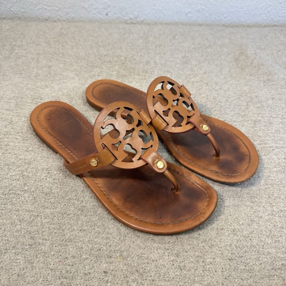 Tory Burch Miller Sandals Brown Leather Cutout Logo Vacation Packable Women 9